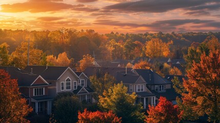 beautiful American houses in a wooded area on a sunset in high resolution and quality - obrazy, fototapety, plakaty