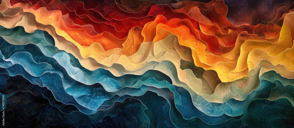 Poster This abstract painting features vibrant and colorful waves that undulate across the canvas, creating a dynamic and energetic composition. The varying hues and tones of the waves create a striking