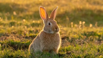 Fototapeta premium Conejo en un camp en una puesta de sol hermosa
