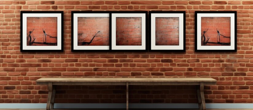 A new brick wall in a modern interior is adorned with three large frames. The frames are beautifully designed and add a decorative touch to the empty room.
