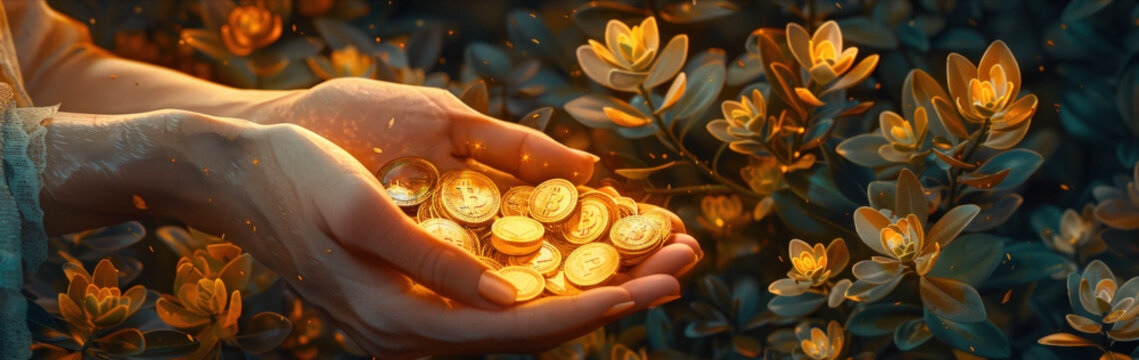 A stylized image of female hands holding gold coins with the Bitcoin logo