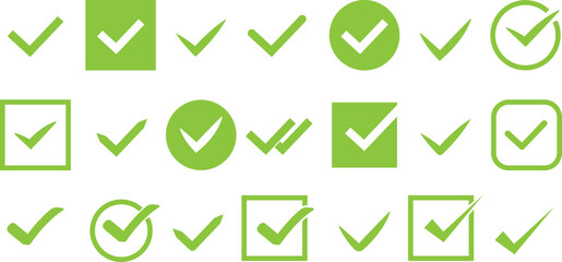 Green checkmark icon set in circle and square boxes. Modern vector elements. - obrazy, fototapety, plakaty