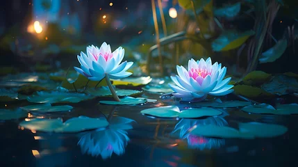 Foto op Canvas Beautiful water lilies floating in tranquil pond wallpaper background © Derby