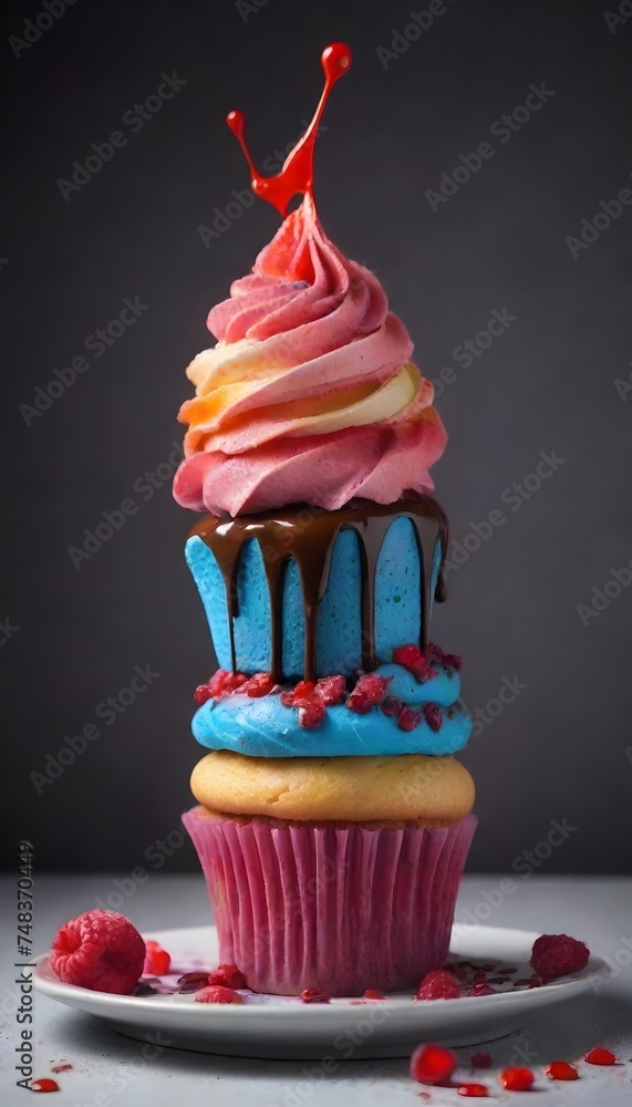 Poster a dynamic splash of blue and pink icing adds a playful touch to the chocolate cupcake, creating a fe