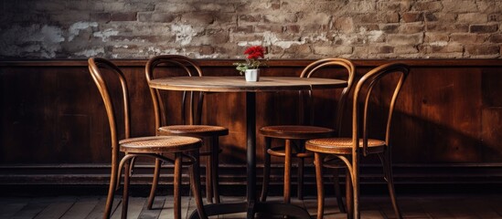 A wooden table and chairs are arranged neatly in a room with brick walls. The furniture provides a cozy spot for dining or relaxing in this industrial-style setting.