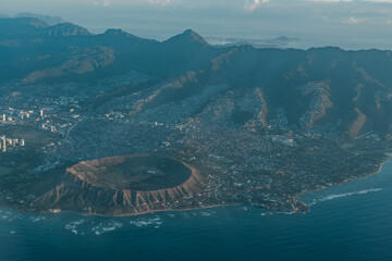 Diamond Head  and Kahhala. Oahu Hawaii. Aerial photography of Honolulu to Kahului from the plane.