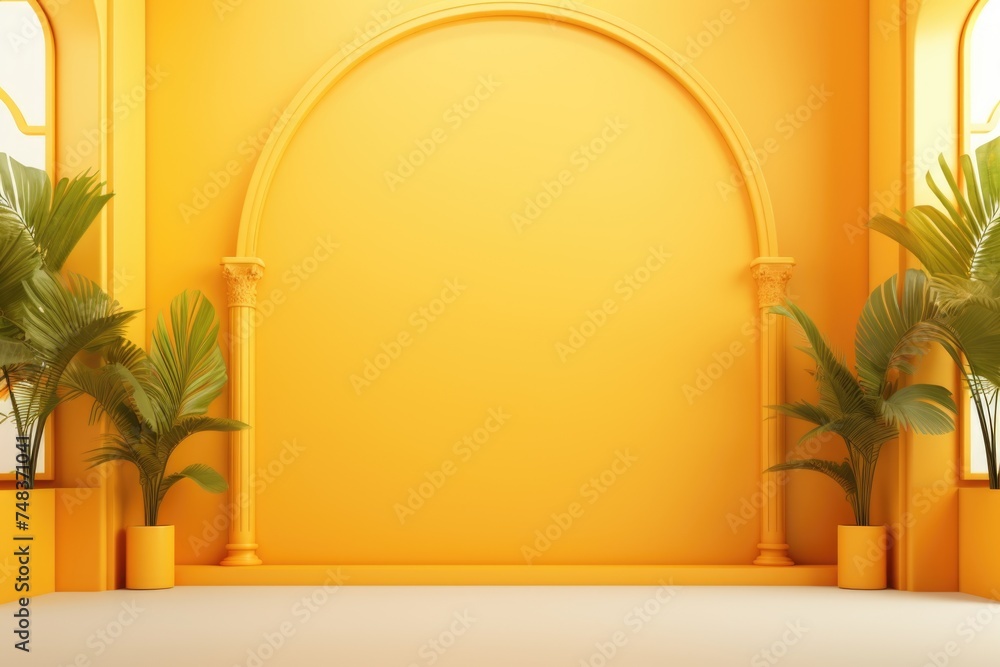 Poster Yellow gradient studio background with window shadows and foliage.