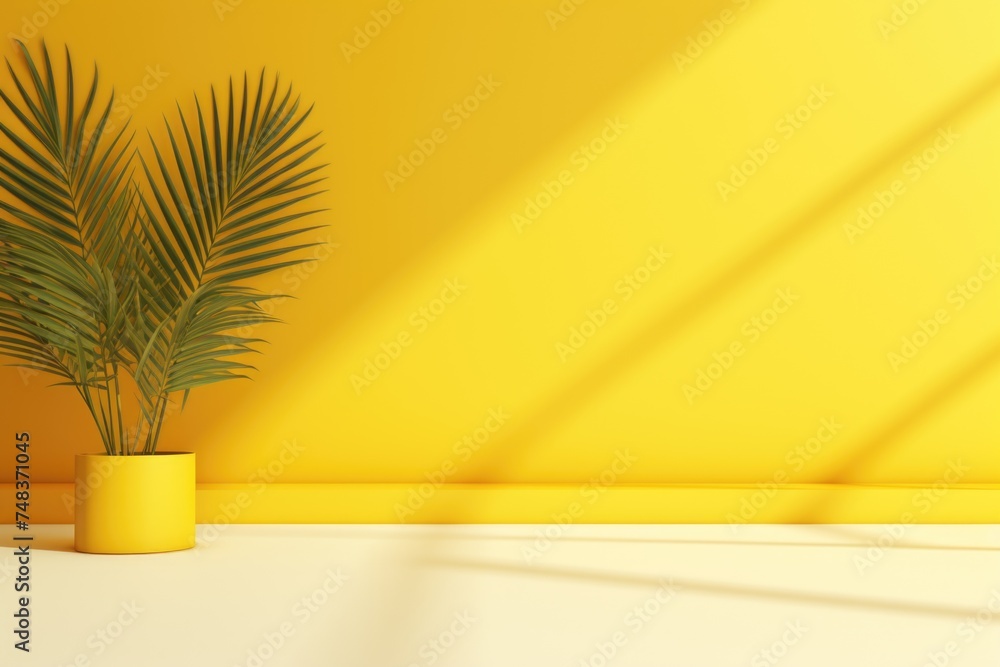 Poster Yellow gradient studio background with window shadows and foliage.