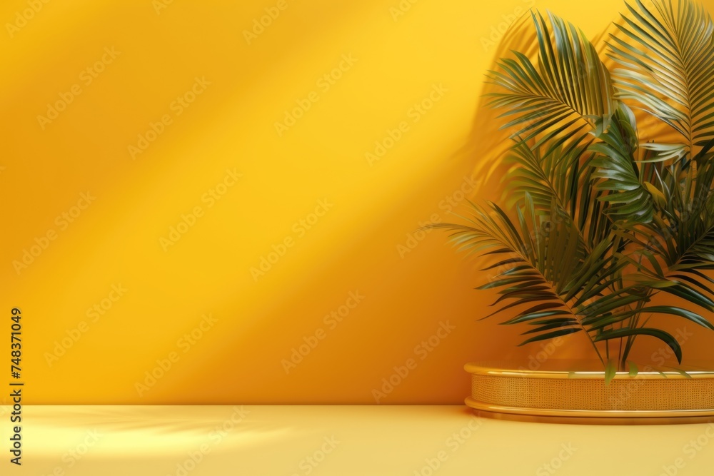 Poster Yellow gradient studio background with window shadows and foliage.
