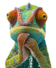 Beautiful Contemplative Chamaeleon with His Hands on His Chin Isolated. Transparent PNG.