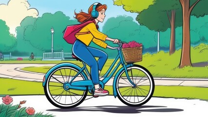 A girl in a yellow jacket and blue pants with a pink backpack and flowers rides through the park on a blue bicycle and headphones. Leisure and hobby concept. Illustration