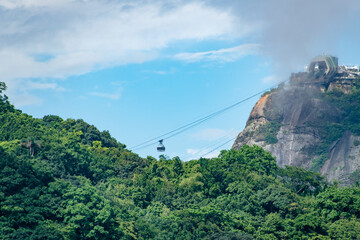 Gondola Heading Towards Forest From Sugarloaf Mountain on Summer Day in Rio De Janeiro Brazil