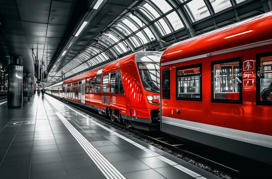 Dynamic image of a red commuter train arriving at a sleek, modern station with glass architecture, embodying urban transportation