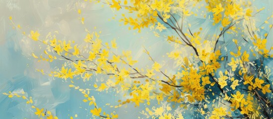 A painting featuring a vibrant bunch of yellow Forsythia flowers blooming against a deep blue background. The yellow flowers stand out against the rich blue color, creating a striking contrast.