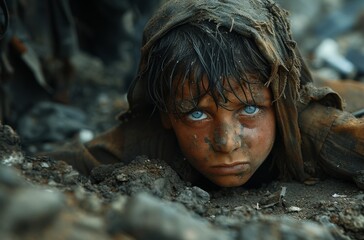 Intense portrait of a child covered in mud with piercing blue eyes in a dramatic setting
