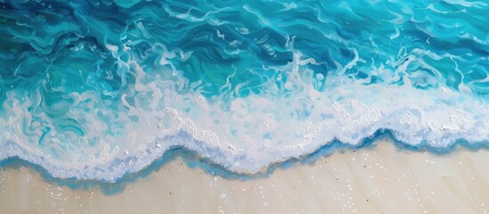 The painting depicts a sunny beach with captivating blue waves meeting white sand. The vibrant colors highlight the interaction between the water and the shore.