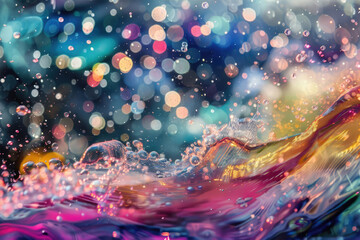 Water splashes with colorful bokeh effect. Abstract background.