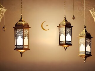 Ramadan Kareem islamic design crescent moon and mosque dome silhouette with arabic pattern and lantern