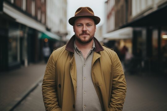 Portrait of a handsome man in a beige coat and hat on the street