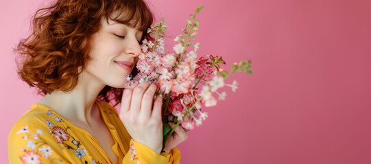 Cute red hair woman in a bright yellow dress is smelling a bunch of spring flowers over pink background studio shot with copy space. Spring season, Mother's Day and Women's International Day concept
