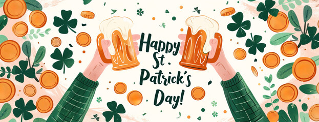 Obrazy na Plexi  Beer mugs toasting with golden coins and lucky clovers, minimalist banner illustration saying "Happy St. Patrick's Day!"