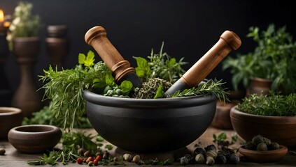 mortar and mortar and pestle with herbs 8k with herbs 8k