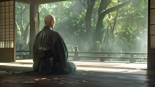 Wide shot from behind of Hakuin Ekaku, one of the most influential figures in Japanese Zen Buddhism, meditating in a traditional Japanese house