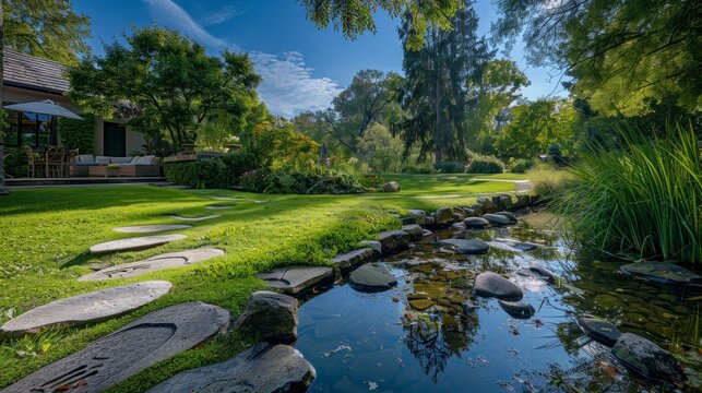 beautiful little lake in the backyard of a house with stone footprints and green meadow in a sunrise with sun in high resolution and high quality. garden concept, houses, patio, lake