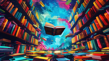 Interstellar Library with Levitating Books - obrazy, fototapety, plakaty