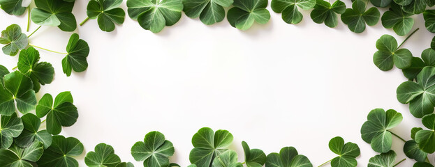 Natural four leaf lucky clover frame over white background with copy space for text, promotion, advertisement - obrazy, fototapety, plakaty