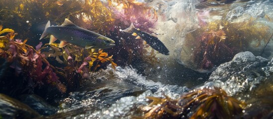 A group of fish, including pink salmon known as humpy salmon, swim together in a body of water. The fish are actively moving, creating ripples on the surface of the water.