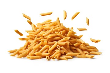 Falling italian penne rigate pasta isolated on white background with clipping path  pasta isolated