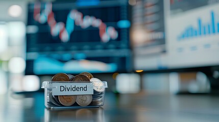 a plastic box with coins inside on the table. box has scotch tape written word Dividend. in the office room and monitor with stock chart screen in background. generative AI