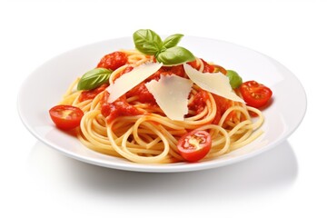 Spaghetti with tomato sauce  cheese  and basil on white background.