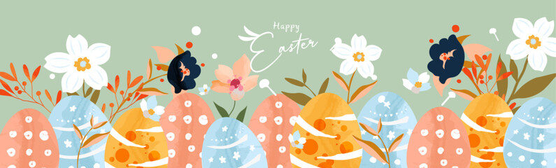 Happy Easter banner. Trendy design with typography, easter rabbit, eggs, roses, leaves, floral bouquets, spring flowers compositions. Poster, greeting card,  header or cover for website templates.