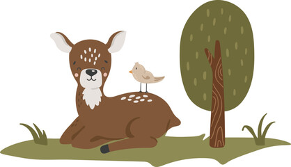 Forest vector, Abstract forest animal vector, forest items, cute animal isolated, kids vector