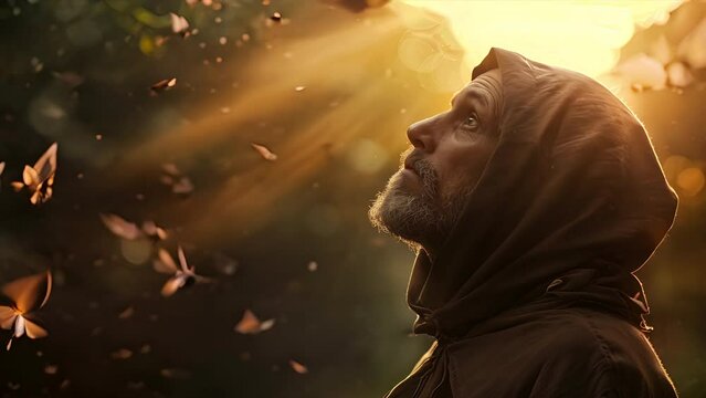 Close up of Jesus Christ in a hooded robe looking up into sunlight as butterflies swirl around him