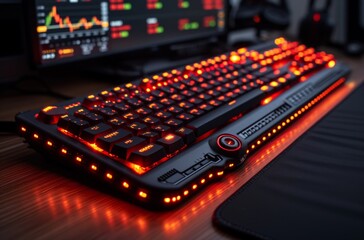 The image captures an illuminated gaming keyboard with a dynamic red backlight on a dark desk, highlighting the gaming culture