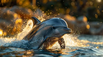 Foto op Plexiglas jumping dolphin, Dolphin, Cetacean, Marine mammal, Aquatic, Intelligent, shiny dolphin © Borel