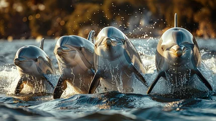 Foto op Plexiglas jumping dolphins, dolphins, Dolphin, Cetacean, Marine mammal, Aquatic, Intelligent, shiny dolphin © Borel
