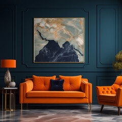 Bold Living Room with Orange Velvet Sofa and Dramatic Marble Texture Artwork on Dark Blue Wall