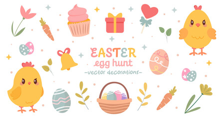 Cute Easter decoration set. Collection of traditional Easter vector elements. Chicken, eggs, basket. Ideal for greeting cards, stickers, posters.
