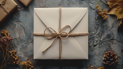 Christmas card with gift box and decorations
