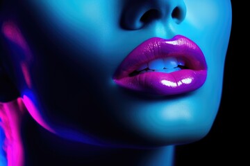 Obraz premium Cosmetics studio with blue lipstick and neon glamour aesthetic.