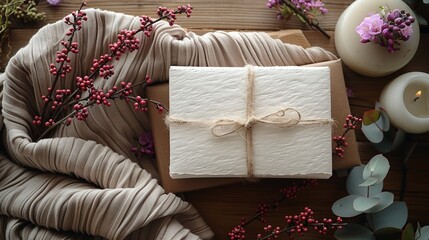 Christmas card with gift box and decorations