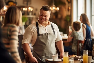 Fototapeta na wymiar photo of a disabled young man with Down syndrome, works at the Caffee as a waiter,