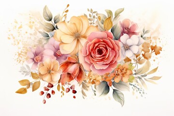 Watercolor Boho Flowers with Neutral Colors, Flat White Background with Copy Space