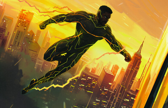 an african american superhero with powers of electricity hovers over the city battling his foes