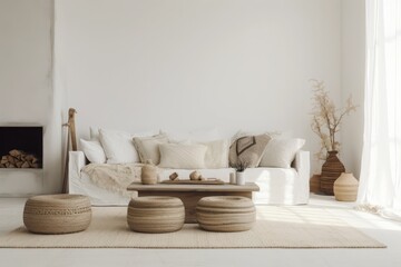 modern living room with sofa, minimalistic style, boho style	