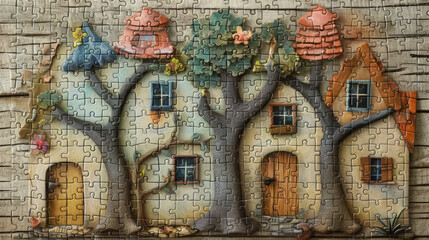 Assembled puzzle depicting houses and trees